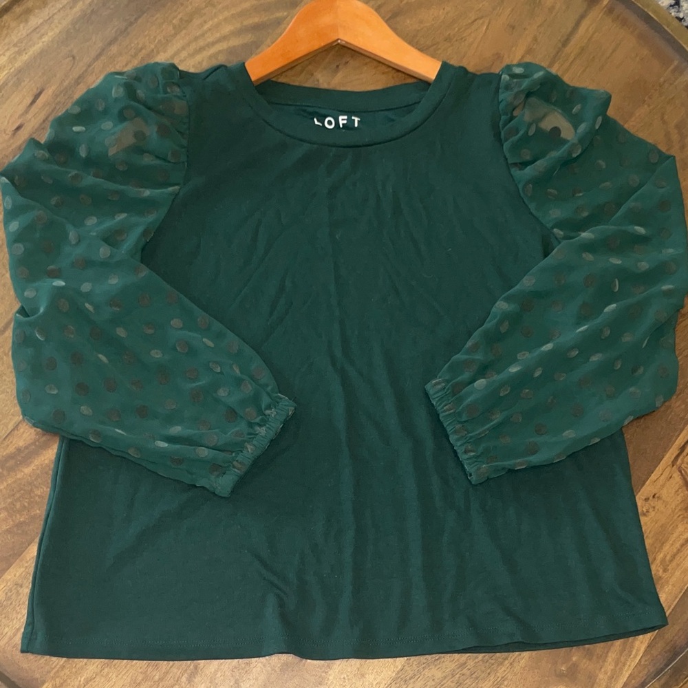 LOFT Dark Green Long Sleeve Top with Polka Dot Sheer Sleeves